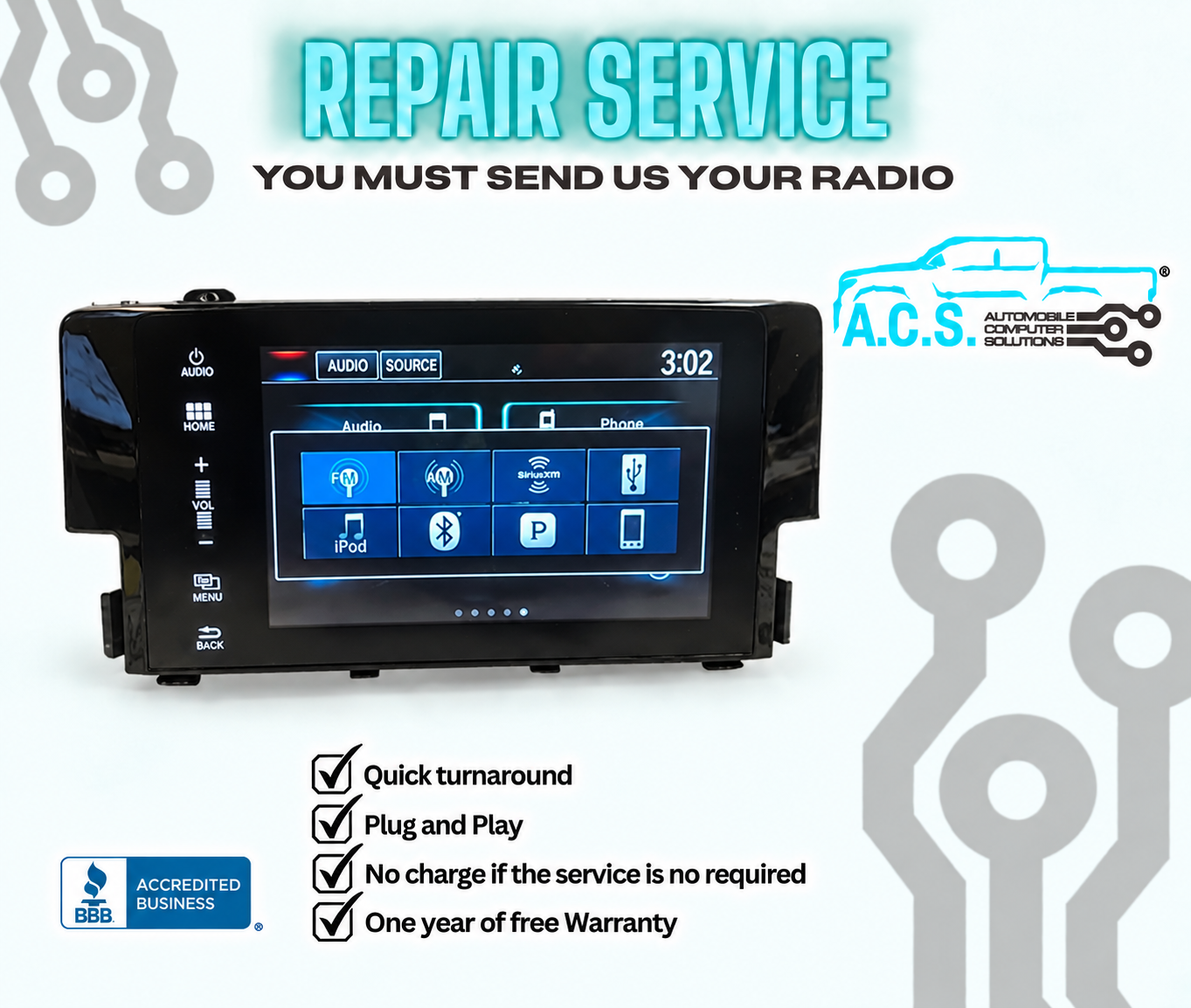 Repair Service for 2016 - 2018 Honda Civic OEM Factory Display Touch Screen